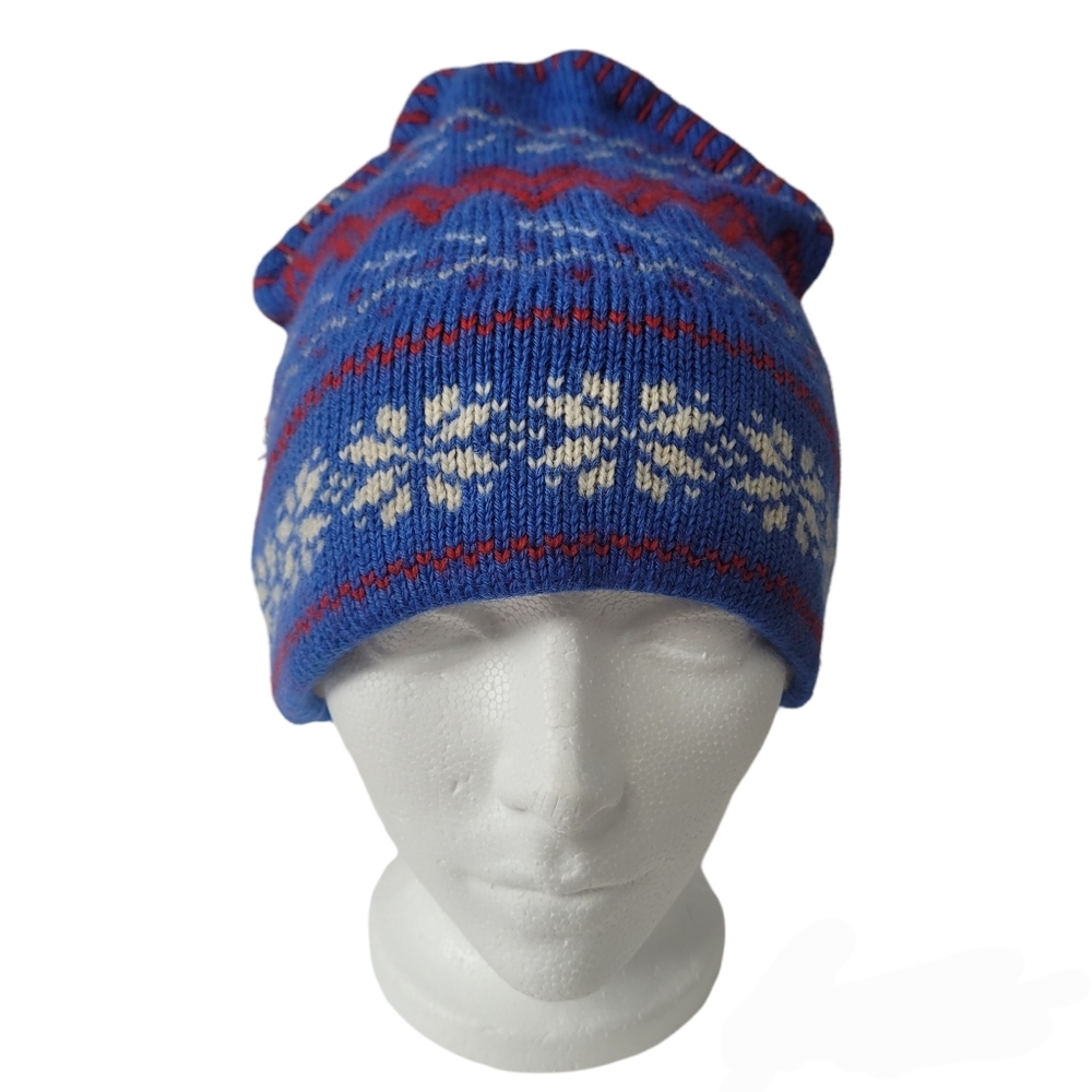 Vintage 100% wool blue and red beanie hat
